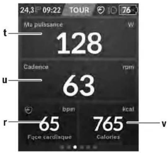 24,3 09:22 TOUR 76 Ma puissance W 128 Cadence rpm u 63 r 65 bpm kcal Fqce cardiaque Calories v 765