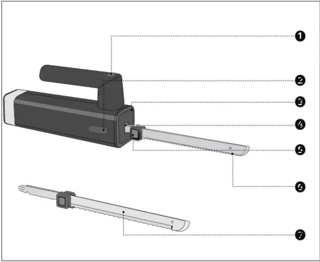 Diagram of a manual saw with numbered parts labeled for identification