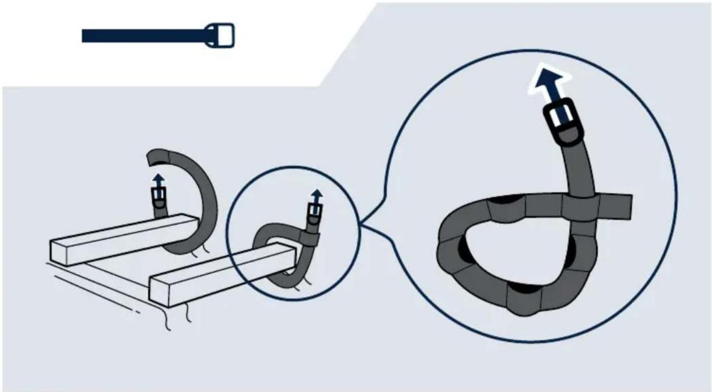 Diagram illustrating cable fastening process with magnified view of rope knotting mechanism