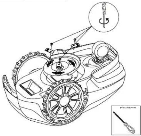 Technical diagram of a mechanical assembly with labeled parts and a close-up view of a screwdriver tool.