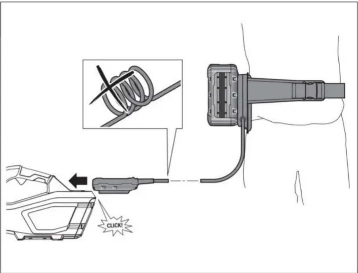 Diagram illustrating a cable being inserted into a device, with instructional annotations and a 'CLICK!' call indicator.