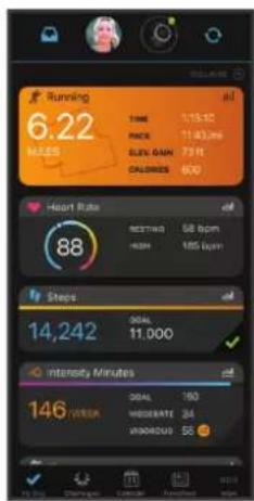 Running 6.22 MASCES TIME: 0.15-1.0 PACK: 11.43-2.0 SLOW GAIN: 7.9 R CALORIES: 600 Heart Rate 88 BEETTING: 68 bpm BEETING: 185 bpm Steps 14,242 30AL: 11,000 Intensity Minutes 146 V/VEA 30AL: 190 MODERATE: 34 ANORUS: 58