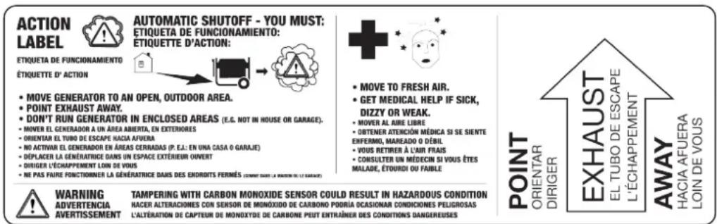 ACTION LABEL ETIQUETA DE FUNCIONAMIENTO ÉTIQUETTE D' ACTION • MOVE GENERATOR TO AN OPEN, OUTDOOR AREA. • POINT EXHAUST AWAY. • DON'T RUN GENERATOR IN ENCLOSED AREAS (E.G. NOT IN HOUSE OR GARAGE). • MOVER EL GENERADOR A UN ÁREA ABIERTA, EN EXTERIORES • ORIENTAR EL TUBO DE ESCAPE HACIA AFUERA • NO ACTIVAR EL GENERADOR EN ÁREAS CERRADAS (P. E.L.: EN UNA CASA O GARAJE) • DEPLACER LA GÉNERATRICE DANS UN ESPACE EXTERIEUR OUVERT • DIRIGER L'ÉCHAPPEMENT LOIN DE VOUS • NE PAS FAIRE FONCTIONNER LA GÉNERATRICE DANS DES ENDORITS FERMÉS (CONNÉ DANS LA PROCES DE LA PARQUE) (LE SAUD) WARNING ADVERTENCIA AVERTISSEMENT TAMPERING WITH CARBON MONOXIDE SENSOR COULD RESULT IN HAZARDOUS CONDITION HACER ALTERACIONES CON SENSOR DE MONOXIDE DE CARBONO PODRÍA OCASIONAR CONDICIONES PELIGNOSAS L'ALTERATION DE CAPTÉUR DE MONOXIDE DE CARBONE PEUT ENTRÀNER DES CONDITIONS DANGEREUSES • MOVE TO FRESH AIR. • GET MEDICAL HELP IF SICK, DIZZY OR WEAK. • MOVER AL AIRE LIBRE • OBTENER ATENCIÓN MÉDICA SI SE SIENTE EXFERMO, MAREADO O DÉBIL • VOUS RETRIER À L'AIR FRAIS • CONSULTER UN MÉDECIN SI VOUS ÉTES MALADE, ETOURDI OU FAIBLE POINT ORIENTAR DIRIGER EXHAUST EL TUBO DE ESCAPE L'ÉCHAPPEMENT AWAY HACIA AFUERA LOIN DE VOUS