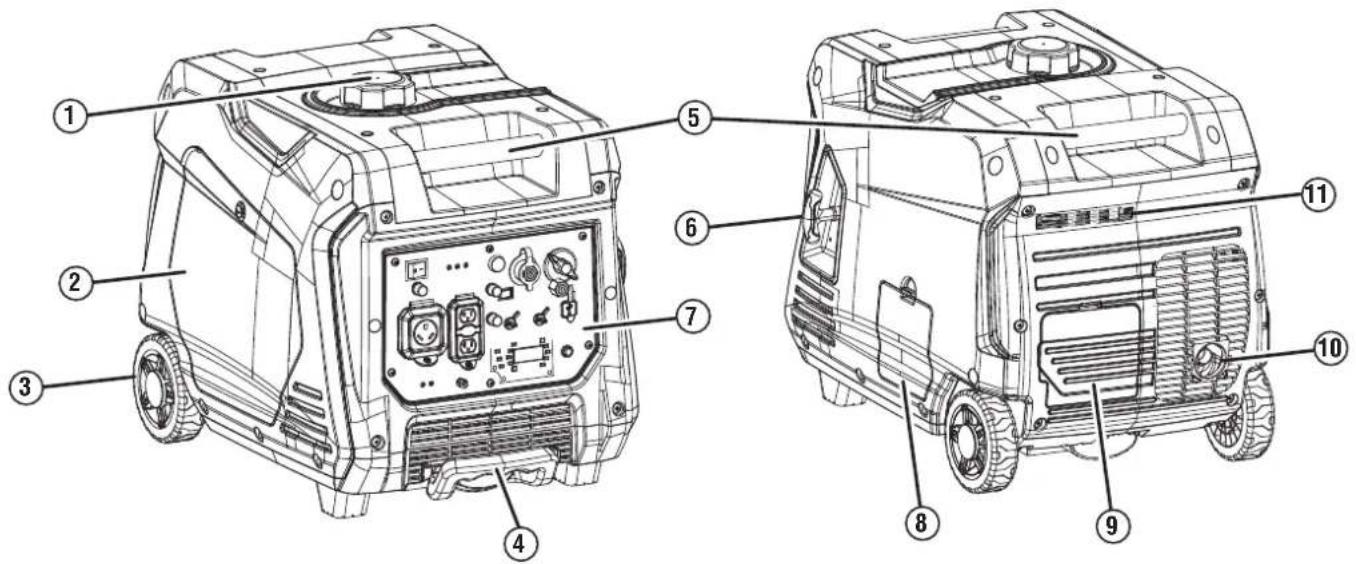 Technical diagram of a two-engine residential electric vehicle with numbered components for identification.