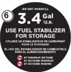 DO NOT OVERFILL 6 3.4 Gal 12.8L USE FUEL STABILIZER FOR STORAGE UTILISEZ UN STABILISATEUR DE CARBURANT POUR LE STOCKAGE EL USO DEL ESTABILIZADOR DE COMBUSTIBLE PARA EL ALMANCENAMIENTO 87 MINIMUM OCTANE 87 OCTANO MINIMUM 87 OCTANO MINIMO