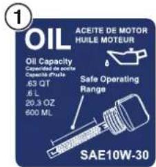 OIL ACEITE DE MOTOR HUILE MOTEUR Oil Capacity Capexable de aceto Capexable Price .63 QT .6 L 20.5 OZ 600 ML Safe Operating Range SAE10W-30