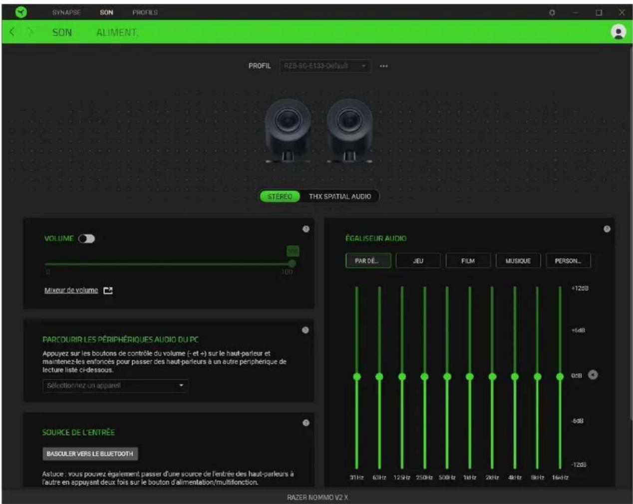 SYNAPSE SON PROFILS SON ALIMENT. PROFIL RZB-SQ-E133-Default STEREO THX SPATIAL AUDIO VOLUME 0 100 Mixer de volume PARCOURIR LES PÉRIPHÉRIQUES AUDIO DU PC Appuyez sur les boutons de contrôle du volume (- et +) sur le haut-parleur et maintenez-les enfoncés pour passer des haut-parleurs à un autre périphérique de lecture listé ci-dessous. Sélectionnez un appareil SOURCE DE L'ENTRÉE BASCUILER VERS LE BLUETOOTH Astuce, vous pouvez également passer d'une source de l'entrée des haut-parleurs à l'autre en appuyant deux fois sur le bouton d'alimentation/multifonction. ÉCALISEUR AUDIO PAR DÉ... JEU FILM MUSIQUE PERSON... +12dB +5dB 0dB -5dB -12dB 31Hz 63Hz 125Hz 250Hz 500Hz 1kHz 2kHz 4kHz 9kHz 16kHz RAZER NOMMO V2 X