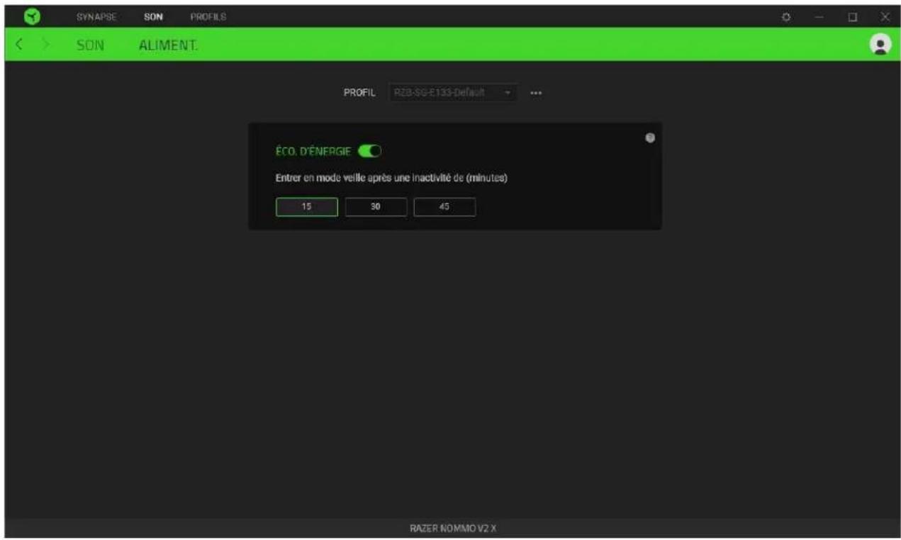 SYNAPSE SON PROFILS SON ALIMENT. PROFIL RZB-SG-E133-Default ... ÉCO. D'ÉNERGIE Entrer en mode velle après une inactivité de (minutes) 15 30 45 RAZER NOMMO V2 X