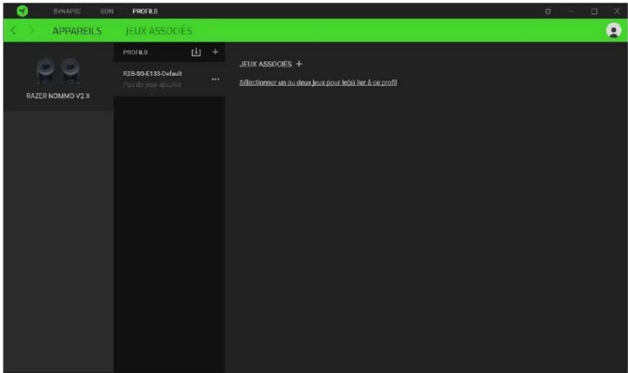 SYNAPSE SON PROFILS APPAREILS JEUX ASSOCIÉS PROFILS + R2B-SG-E133-Default Pas de jeux ajoutés ... RAZER NOMMO V2 X JEUX ASSOCIÉS + Sélectionner un ou deux jeux pour le(s) lier à ce profil