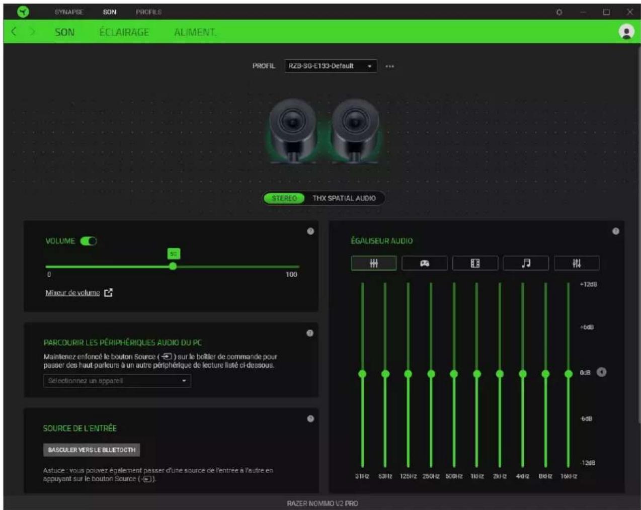 SYNAPSE SON PROFILS SON ÉCLAIRAGE ALIMENT. PROFIL RZB-SG-E133-Default STEREO THX SPATIAL AUDIO VOLUME 50 0 100 Mixer de volume PARCOURIR LES PÉRIPHÉRIQUES AUDIO DU PC Maintenez enfoncé le bouton Source ( - ) sur le boîtier de commande pour passer des haut-parleurs à un autre périphérique de lecture listé ci-dessous. Selectionnez un appareil SOURCE DE L'ENTRÉE BASCULER VERS LE BLUETOOTH Astice : vous pouvez également passer d'une source de l'entrée à l'autre en appuyant sur le bouton Source ( - ) . ÉGALISEUR AUDIO +12dB +6dB 0 dB -6dB -12dB 31Hz 63Hz 125Hz 250Hz 500Hz 101Hz 201Hz 401Hz 801Hz 1601z RAZER NOMMO V2 PRO