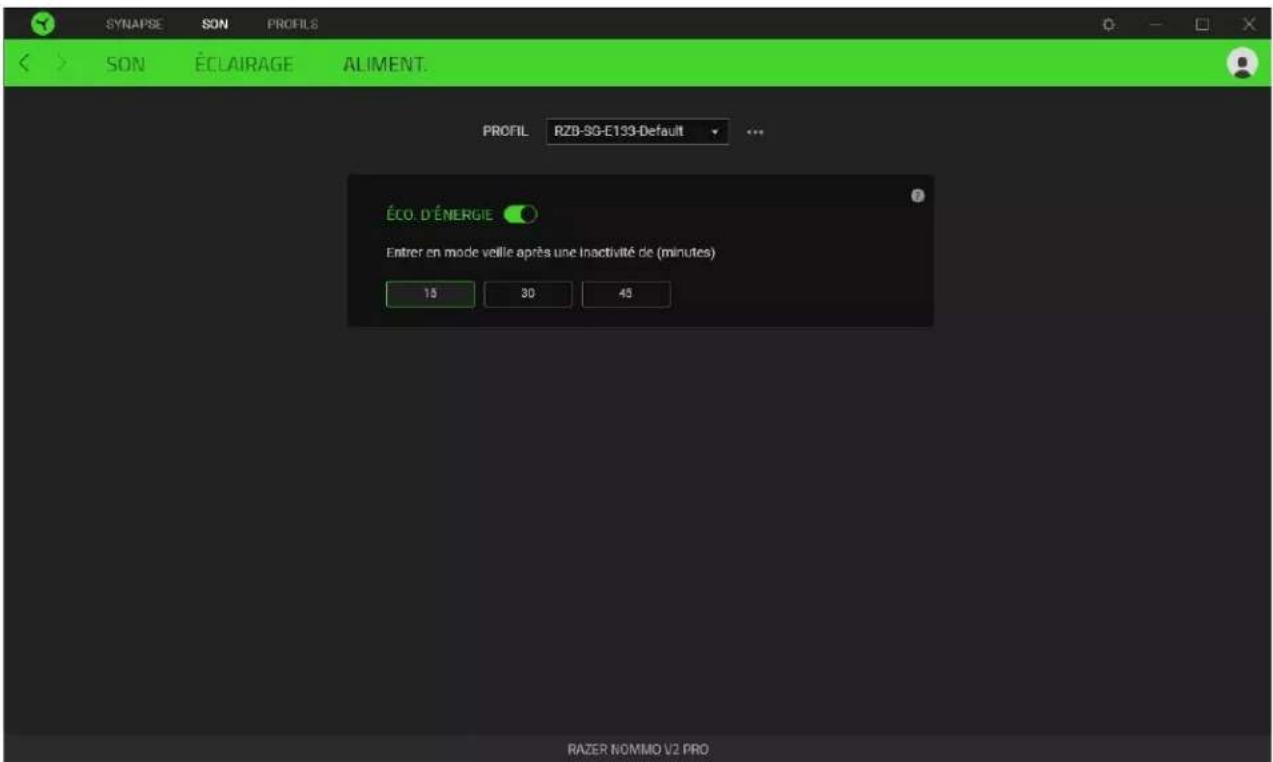 SYNAPSE SON PROFILS SON ÉCLAIRAGE ALIMENT. PROFIL RZB-SG-E133-Default ... ÉCO. D'ÉNERGIE Entrer en mode veille après une inactivité de (minutes) 15 30 45 RAZER NOMMO V2 PRO