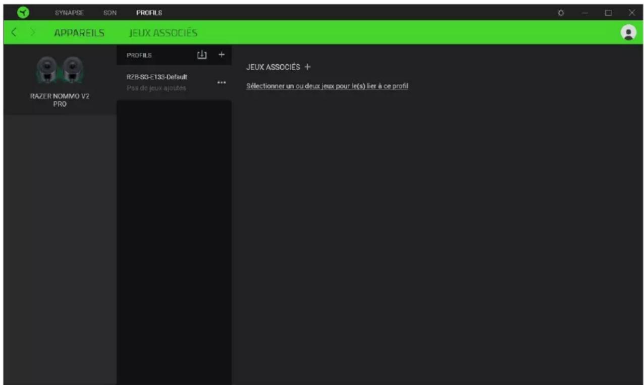 SYNAPSE SON PROFILS APPAREILS JEUX ASSOCIÉS PROFILS + RZB-SO-E13X-Default Pas de jeux ajoutes JEUX ASSOCIÉS + Sélectionner un ou deux jeux pour le(s) lier à ce profil RAZER NOMMO V2 PRO