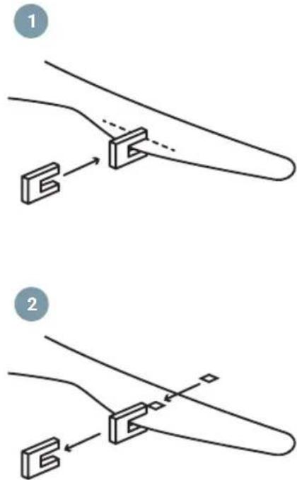 Diagram illustrating two steps of a mechanical or electrical component with labeled components and directional arrows.