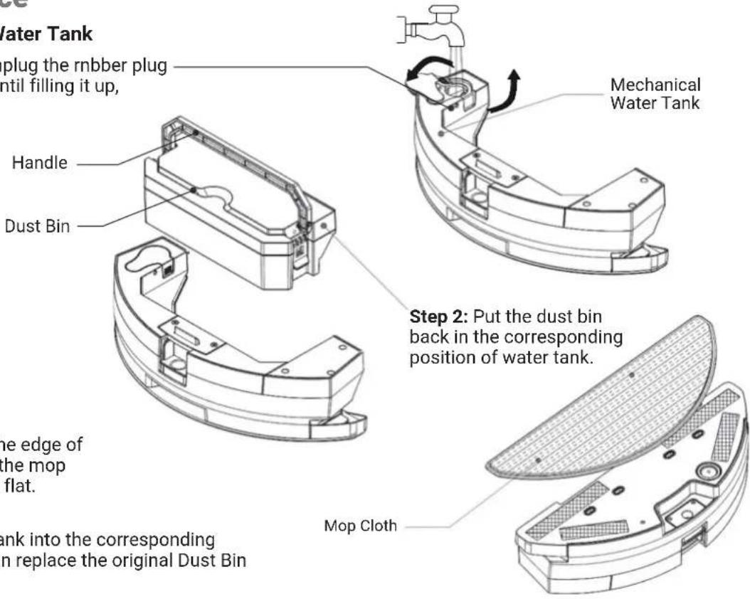 Water Tank plug the rubber plug until filling it up, Handle Dust Bin Mechanical Water Tank Step 2: Put the dust bin back in the corresponding position of water tank. The edge of the mop flat. ank into the corresponding in replace the original Dust Bin Mop Cloth