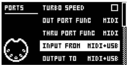 PORTS TURBO SPEED OUT PORT FUNC MIDI THRU PORT FUNC MIDI INPUT FROM MIDI+USE OUTPUT TO MIDI+USE