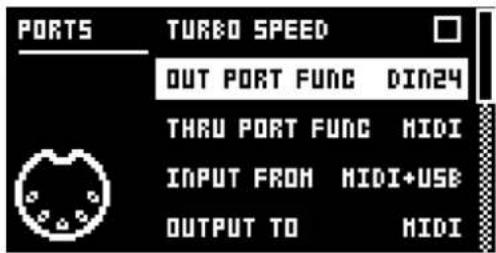 PORTS TURBO SPEED OUT PORT FUNC DIN24 THRU PORT FUNC MIDI INPUT FROM MIDI+USE OUTPUT TO MIDI