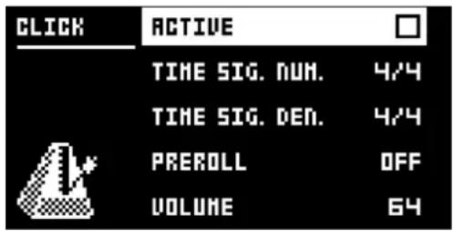 CLICK ACTIVE TIME SIG. NUM. 4/4 TIME SIG. DEN. 4/4 PREROLL OFF VOLUME 64