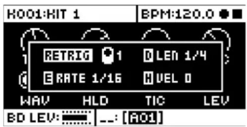 H001:KIT 1 BPM:120.0 RETRIG 1 D LEN 1/4 RATE 1/16 HVEL 0 WAV HLD TIC LEV BD LEV: [A01]