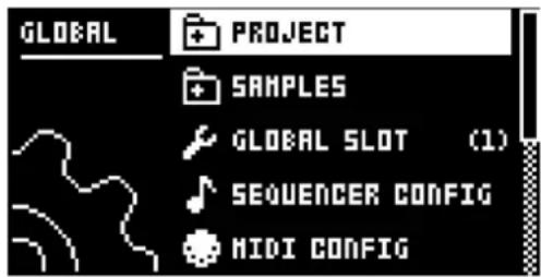 GLOBAL PROJECT SAMPLES GLOBAL SLOT (1) SEQUENCER CONFIG HIDI CONFIG