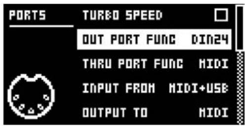 PORTS TURBO SPEED OUT PORT FUNC DIN24 THRU PORT FUNC MIDI INPUT FROM MIDI+USE OUTPUT TO MIDI