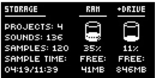 STORAGE PROJECTS: 4 SOUNDS: 136 SAMPLES: 120 SAMPLE TIME: 04:19/11:39 RAH 35% FREE: 41MB +DRIVE 11% FREE: 846MB