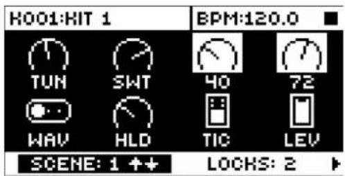H001:HIT 1 TUN SWT WAV HLD BPM:120.0 40 72 TIC LEV SCENE: 1++ LOCKS: 2