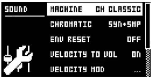 SOUND MACHINE CH CLASSIC CHROMATIC SYN+5MP ENV RESET OFF VELOCITY TO VOL ON VELOCITY HOD ...