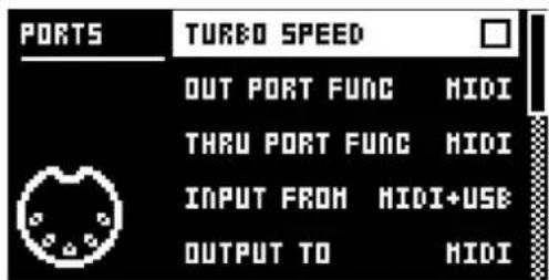 PORTS TURBO SPEED OUT PORT FUNC MIDI THRU PORT FUNC MIDI INPUT FROM MIDI+USE OUTPUT TO MIDI