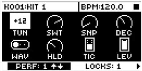 H001:HIT 1 BPM:120.0 +12 TUN SWT SNP DEC WAV HLD TIC LEV PERF: 1++ LOCKS: 1