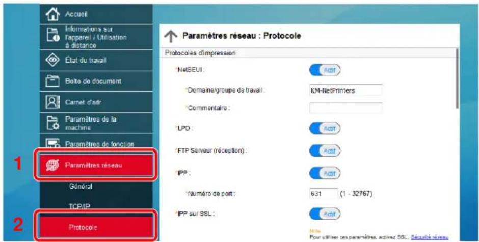 Accueil Informations sur l'appareil / Utilisation à distance État du travail Bolto de document Camet d'adr Paramètres de la machine Paramètres de fonction 1 Paramètres réseau Général TCP/IP 2 Protocole ↑ Paramètres réseau : Protocole Protocoles dimpression NetBEUI: Domaine/groupe de travail : Commentaire : LPO : FTP Servour (réception) : IPP : Numéro de port : IPP sur SSL : Actif Actif Actif Actif Actif Actif Actif Actif Actif Actif Actif Actif Actif Actif Actif Actif Actif Actif Actif Actif Actif Actif Actif Actif Actif Actif Actif Actif Actif Actif Actif Actif Actif Actif Factur utiliser ces paramètres, actives SSL. Responsé réseau