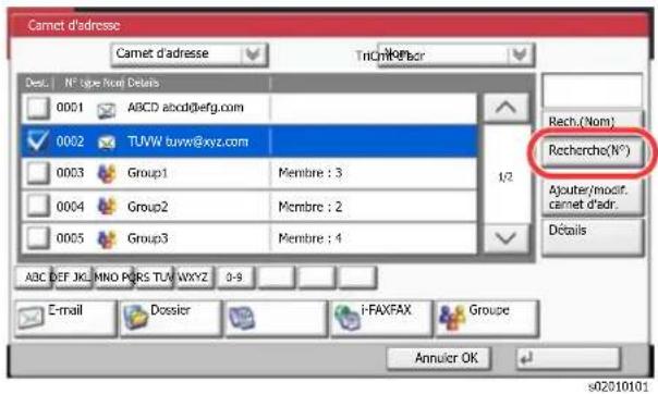 Camet d'adresse Camet d'adresse TriCh#Pbar Des: N° type non Details 0001 ABCD abcd@efg.com 0002 TUVW tuvw@xyz.com 0003 Group1 Membre : 3 0004 Group2 Membre : 2 0005 Group3 Membre : 4 1/2 Rech.(Nom) Rechercho(N°) Ajouter/modir. carnet d'adr. Détails ABC DEF JKL MNO PQRS TUV WXYZ 0-9 E-mail Dossier i-FAXFAX Groupe Annulier OK s02010101