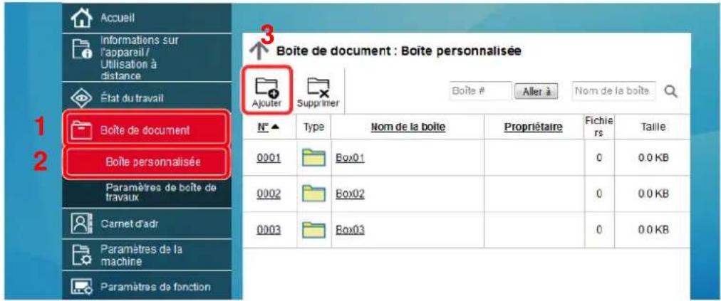 Accueil Informations sur l'appareil / Utilisation à distance État du travail Boîte de document Boîte personnalisée Paramètres de boîte de travaux Carnet d'adr Paramètres de la machine Paramètres de fonction 3 Boîte de document : Boîte personnalisée Ajouter Supprimer Boîte # Aller à Nom de la boîte N° ▲ Type Nom de la boîte Propriétaire Fichiers Taille 0001 Box01 0 0.0 KB 0002 Box02 0 0.0 KB 0003 Box03 0 0.0 KB