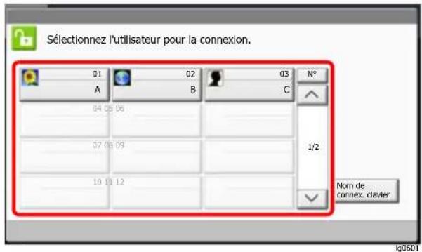 Sélectionnez l'utilisateur pour la connexion. 01 02 03 A B C N° 04 05 06 07 08 09 10 11 12 1/2 Nom de connexion clavier lg0601