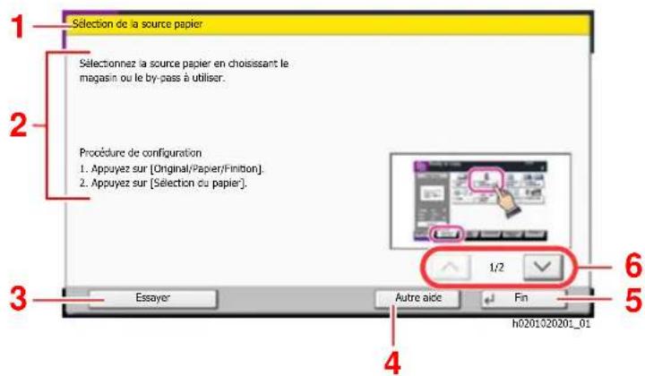 1 Sélection de la source papier 2 Sélectionnez la source papier en choisissant le magasin ou le by-pass à utiliser. Procedure de configuration 1. Appuyez sur [Original/Papier/Finiton]. 2. Appuyez sur [Selection du papier]. 3 Essayer Autre aide Fin 6 5 4 h0201020201_01