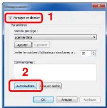 Partager ce dossier Paramètres Nom du partage : cammerdata Apuler Supérer Limiter le nombre d'utilisateurs améliomés à : 20 Commentaires : Automisations se en cache OK Annuler Authoier