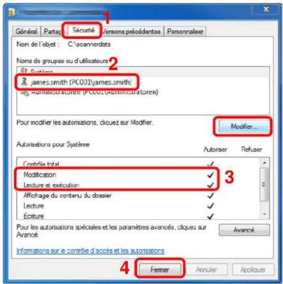Général Partag Sécurité Vérans précédentes Personnaliser Nom de l'objet : C:\acamordata Name de groupes ou d'utilisaturation 2 james.smith (PC001)\james.smith Administratoren (PC001\Administratoren) Pour modifier les autorisations, cliquez sur Modifier. Modifier... Autorisations pour Système Autoriser Refuser Contrôle total Modification Lecture et exécution Affichage du contenu du dossier Lecture Écriture 3 Pour les autorisations spéciales et les paramètres avancés, cliquez sur Avancé. Avancé Informations sur le contrôle d'accès et les autorisations 4 Fermer Annuler Apoliquer