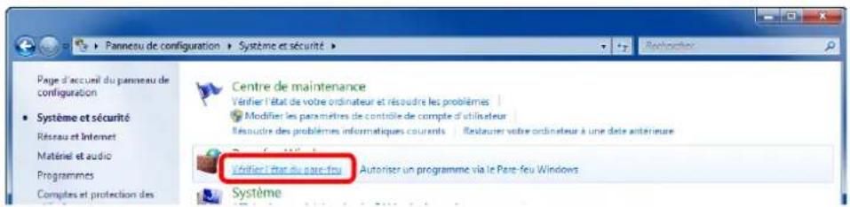 Pannau de configuration Système et sécurité Page d'accueil du panneau de configuration Système et sécurité Réseau et Internet Matériel et audio Programmes Computes et protection des Centre de maintenance Vérifier l'état de votre ordinateur et résoudre les problèmes | Modifier les paramètres de contrôle de compte d'utilisateur Résoudre des problèmes informatiques courants | Restaurer votre ordinateur à une date antérieure Vérifier l'état du pare-feu Autoriser un programme via le Pare-feu Windows Système