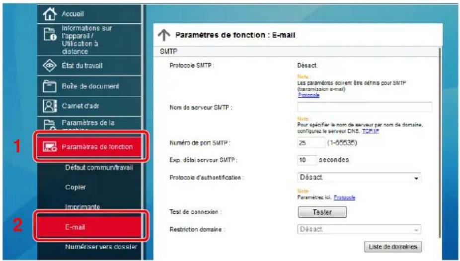 Accueil Informations sur l'apparsil / Utilisation à distance État du travail Boîte de document Carret d'adr Paramètres de la Paramètres de fonction Désact commun/travail Copier Imprimante E-mail Numériser vers dessier Paramètres de fonction : E-mail SMTP Protocole SMTP : Désect. Note: Les paramètres doivent être détrins pour SMTP (transmission e-mail) Protocole Nom de serveur SMTP : Note: Pour spécifier la nom de serveur par nom de domaine, configurez le serveur DNS. TCP/IP Numéro de port SMTP : 25 (1-05535) Exp. délai serveur SMTP : 10 secondes Protocole d'authantification : Désect. Note: Paramètres ici. Protocole Test de connexion : Tester Restriction domaine : Désect. Liste de domaines
