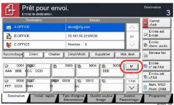Prêt pour envoi. Entrée la destination. Destination A OFFICE abcd@elg.com B OFFICE 10.181.56.22:6535 C OFFICE Membre : 3 Raccrochage Direct Chainer Détail/Modif. Supprimer Hist. dest. 0001 0002 0003 0004 0005 N° AAA BBB CCC DDD EEE Entrée n° de FAX Entrée adr. I-FAX Num. WSD #Num. DSM 0006 0007 0008 0009 0010 1/120 FFF CGG HHH III JJJ Destination Install. rapide Type d'original Transmission Qualité couleur Image Avancé Paramérage Programme SD101_06