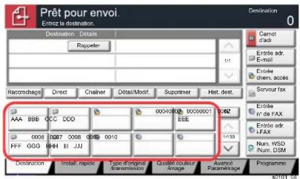 Prêt pour envoi. Entrez la destination. Destination Détails Rappeler Raccrochage Direct Chainer Détail/Modif.Suporimer Hist. dest. AAA BBB CCC DDD 0006 0007 0008 0009 0010 FFF GGG HHH III JJJ Destination Install, rapide Type d'original transmission Qualité couleur image Avancé Paramétrage Programme Destination Destination Carnet d'adr Entrée adr. E-mail Entrée chem. accès Serveur fax Entrée n° de FAX Entrée adr. i-FAX Num. WSD Num. DSM