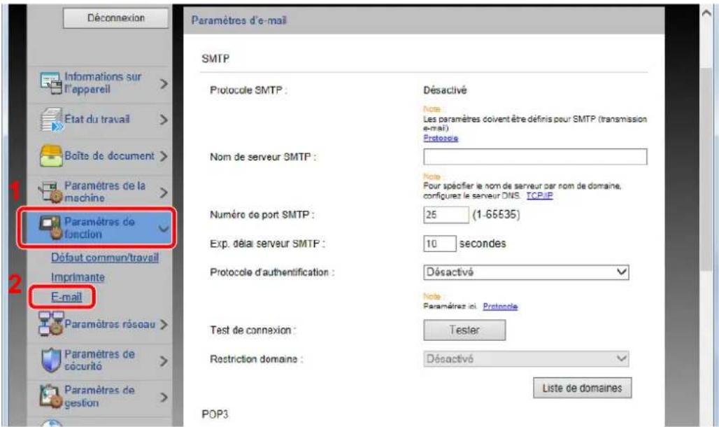 Déconnexion Paramètres d'e-mail SMTP Protocole SMTP : Désactivé Note Les paramètres doivent être définis pour SMTP (transmission e-mail) Protocole Nom de serveur SMTP : Note Pour spécifier le nom de serveur par nom de domaine, configurez le serveur DNS. TCP/IP Numéro de port SMTP : 25 (1-65535) Exp. délai serveur SMTP : 10 secondes Protocole d'authentification : Désactivé Note Paramètres incl. Protocole Test de connexion : Tester Restriction domaine : Désactivé Liste de domaines POP3 Paramètres de fonction Décant commun/travail Imprimante E-mail Paramètres réseau Paramètres de sécurité Paramètres de gestion