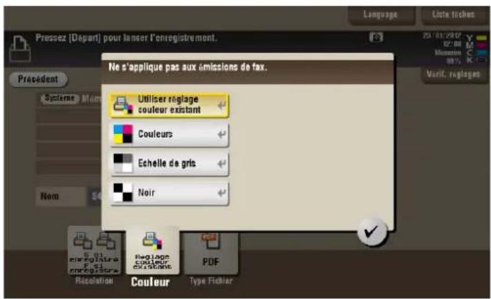 Pressez [Départ] pour lancer l'enregistrement. Language Lista tichets 2018/03/2007 22:00 Maison 00% Verif. réglages Précedent Système Mim Nom S. N. eire Eglutra F. S. enréduire Coulour Utiliser réglage couleur existant Couleurs Echelle de gris Noir Coulour PDF Type Fichier