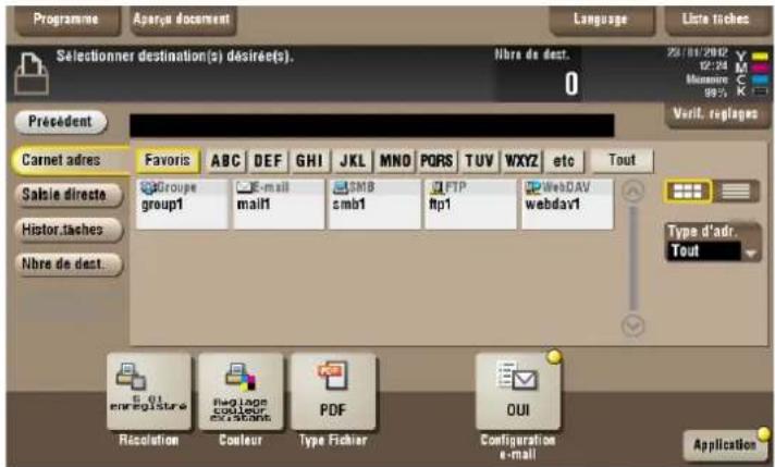 Programme Aparque document Language Liste tiches Selectioner destination(s) désirée(s). Nbre de dest. 20/08/2002 M Moussure 99% Président Carnet adres Favoris ABC DEF GHI JKL MNO PQRS TUV WXYZ etc Tout Salie directe Group1 Email SMB cmb1 FTP WebDAV webdav1 Histor.taches Type d'adr. Tout Nbre de dest. Resolution Couleur PDF OUI Configuration e-mail Application