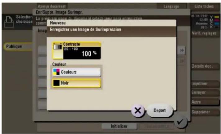 Aguany document Enr/Suppr. Image Surimpr. La première page du document sélectionné sera enregistrée comm Nouveau Enregistrer une Image de Surimpression Contraste 20 - 100 100 % Couleur Couleurs Noir Depart Initialiser Language Uste tiches 18/01/2007 M Monors 99% Verif. regloves Publique Details doc. Imprimer Envoyer Autre Supprimer