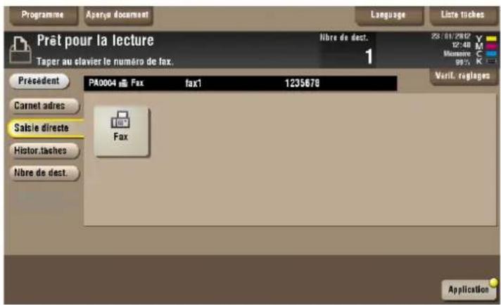 Prat pour la lecture Taper au clavier le numéro de fax. Présèdent PA0004 Fax fax1 1235678 Carnet adres Salsie directe Histor.taches Nbre de dest. Fax Application