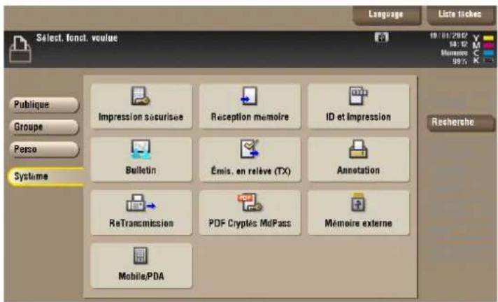 Language Liste tiches Select. fonct. voulue Publique Groupe Perse Systeme Impression sécurisée Reception memoire ID et impression Bulletin Émis. en relève (TX) Annotation ReTransmission PDF Cryptés MdPass Mémoire externe Mobile/PDA 10/01/2007 16:32 Memoire 98% Recherche