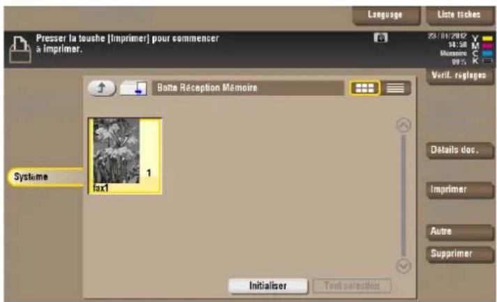 Presser la touche [Imprimer] pour commencer a imprimer. Botte Réception Mémoire Systeme 1 fax1 Initialiser Text selection Language Liste riches 23/01/2002 54:58 M Mérie C 99% K Verif. reglages Details doc. Imprimer Autre Supprimer