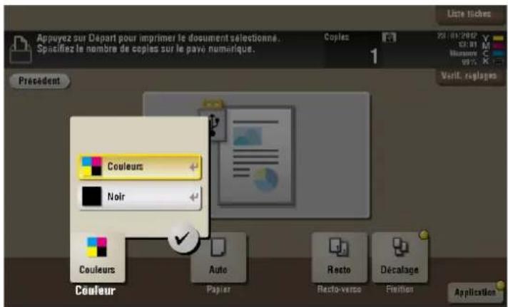 Appuyez sur Départ pour imprimer le document sélectionne. Spacifiez le nombre de copies sur le pavo numérique. Copies 2018-01-2002 M M M 99% Verit, logages Précedent Couleurs Noir Couleurs Coulour Auto Papier Recto-verso Décalage Fixtion Application