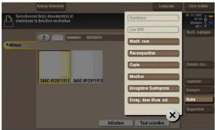 Apoyo document Selectionnez le(s) document(s) et cheisissez la fonction souhaiter. Publique S45C-612011912 S45C-612011913 Language Liste tiches Combiner Lier EMI Modif. nom Recomposition Copie Modifier Enregistrer Surimpress. Enreg. dans Mom, ext. Initialiser Tout selection 10-01-2002 Y M21.54 M Monium 89% Verif. reglages Details doc. Imprimer Envayer Autre Supprimer