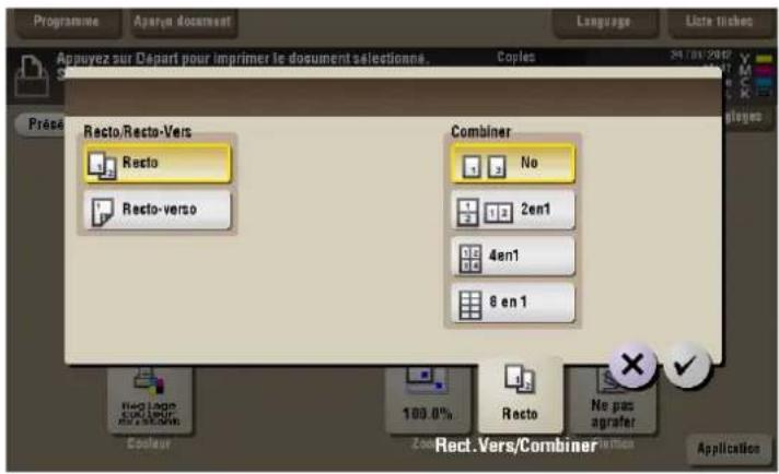 Appuyez sur Départ pour imprimer le document sélectionne. Copies Présé Recto/Recto-Vers Recto Recto-verso Combiner No 2en1 4en1 8 en 1 Rect. Vers/Combiner 100.0% Recto No pas agrafer Application